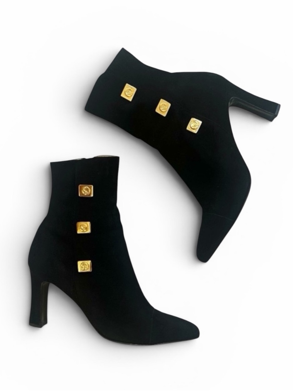 St. John Black Suede High Heel Ankle Boots with Gold Logo Buttons Size 8AA w/Box